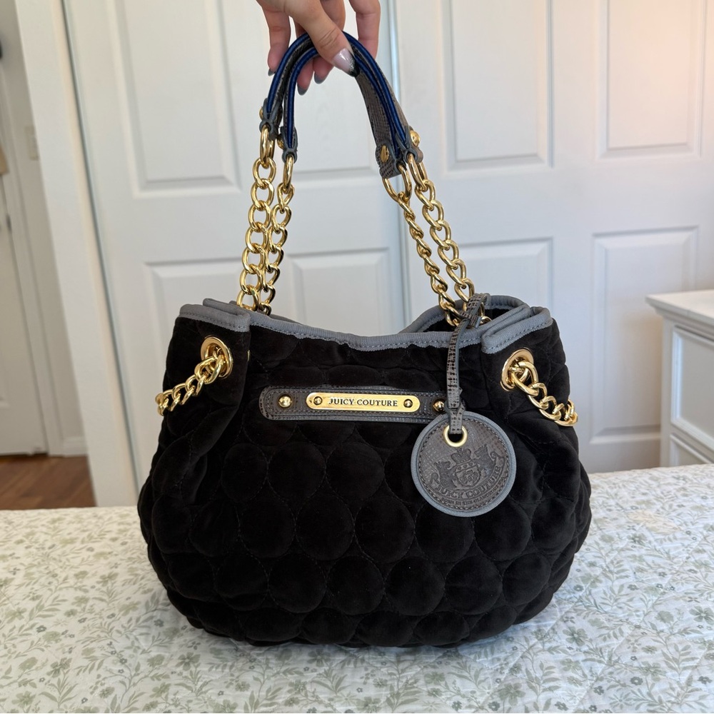 Vintage Juicy Couture quilted black velour shoulder bag